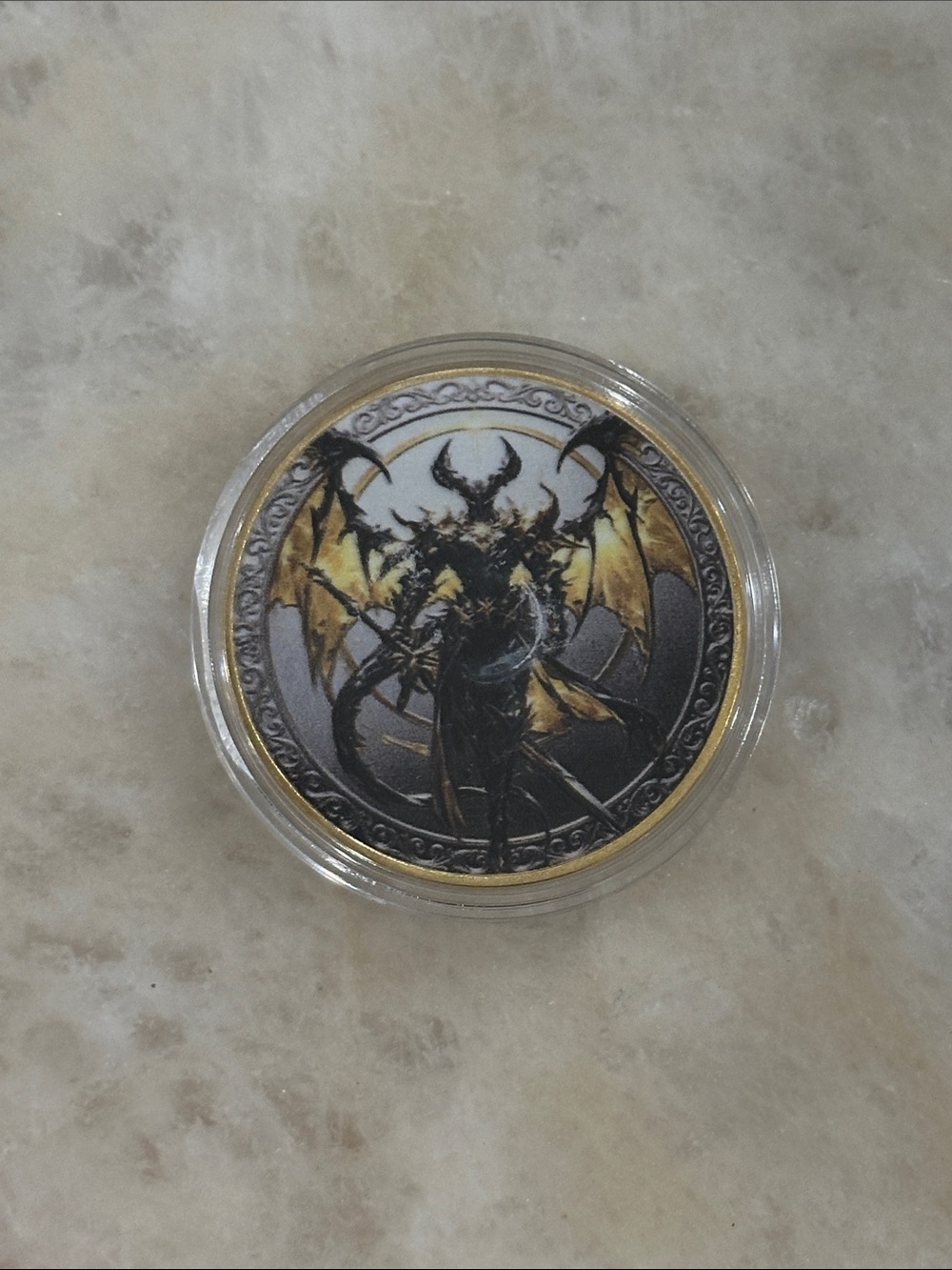 Fantasy Demon Winged Coin Pendant - Black & Gold